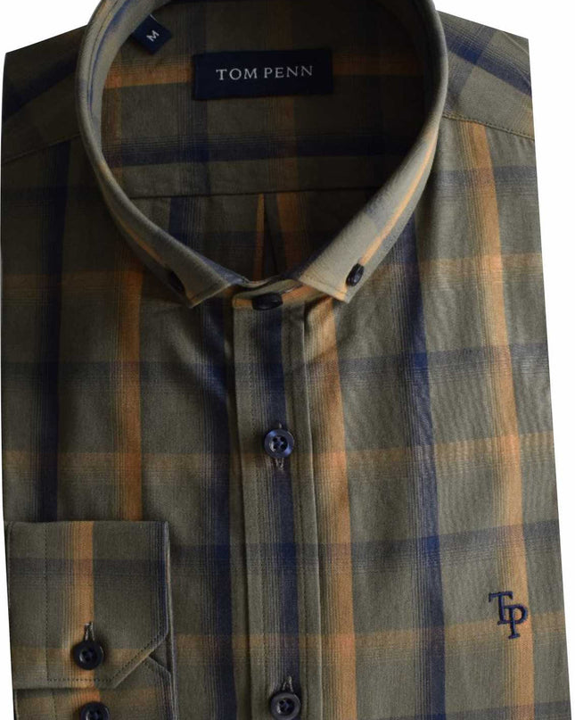 Tom Penn Checked Shirt in Khaki