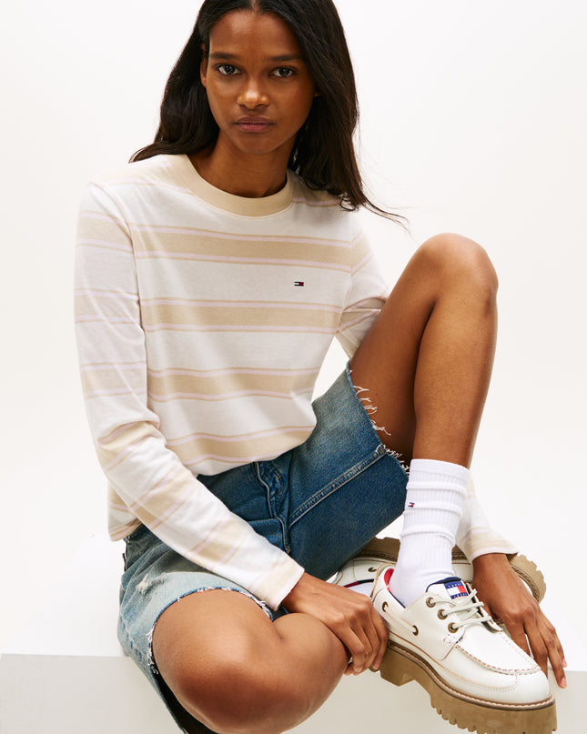 TJW Flag Embroidery Jersey Long Sleeve T-Shirt - White Clay/Multi Stripe