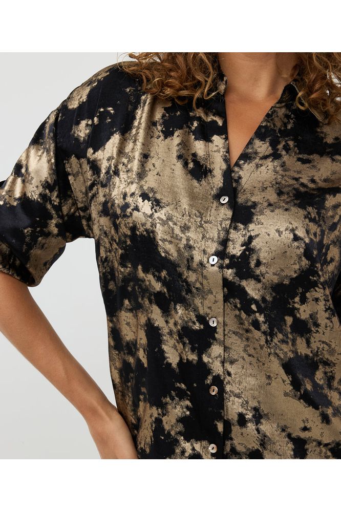 Esqualo V-Neck Lamee Blouse - Black/Gold