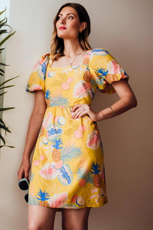 LILOU DRESS YELLOW, TROPICAL FRUITS