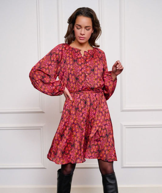 EsQualo - Long Sleeve Belted Dress - Fuschia