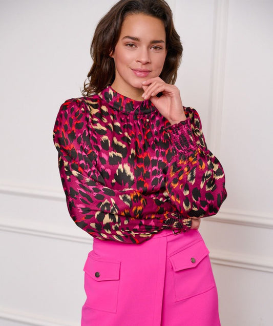 Esqualo Animal Print Gem Blouse - Fuschia