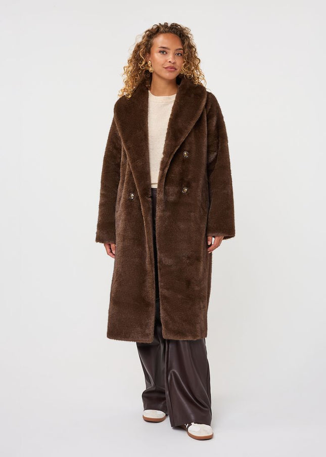 Long Two Tone Fur Bonded Coat - Cacao