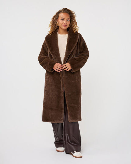 Long Two Tone Fur Bonded Coat - Cacao