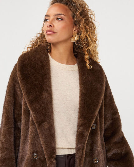 Long Two Tone Fur Bonded Coat - Cacao