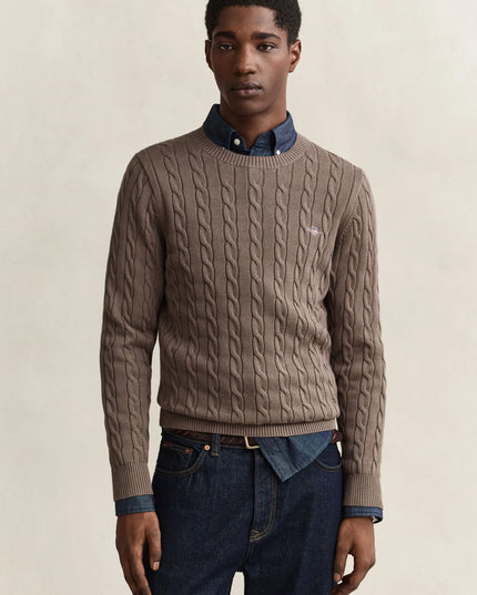 Gant Cotton Cable Crew Neck in Black Brown Melange