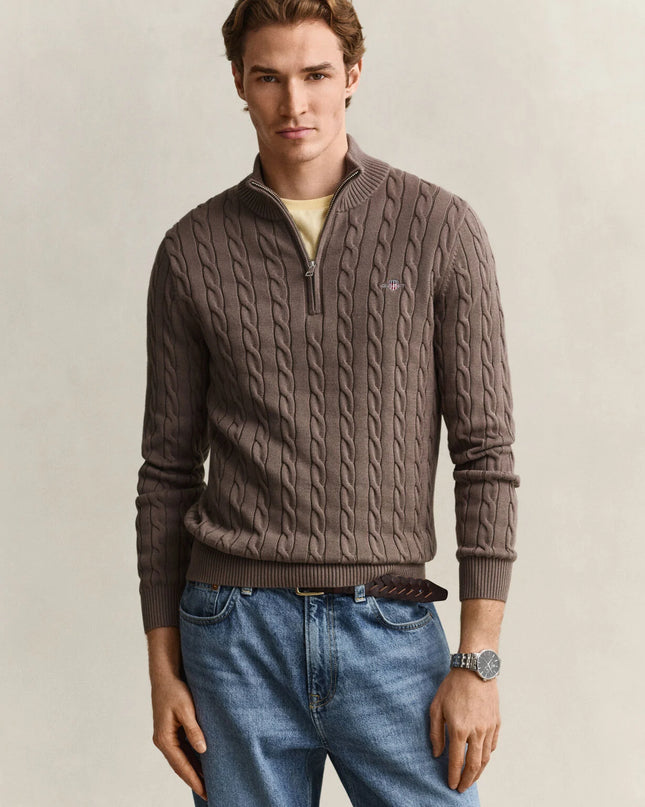 Gant Cotton Cable Half Zip in Black Brown Melange