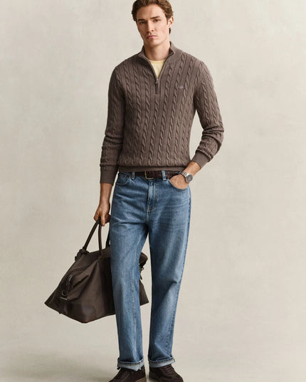 Gant Cotton Cable Half Zip in Black Brown Melange