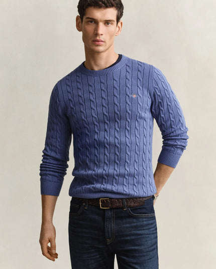 Gant Cotton Cable Crew Neck in Blue Horizon