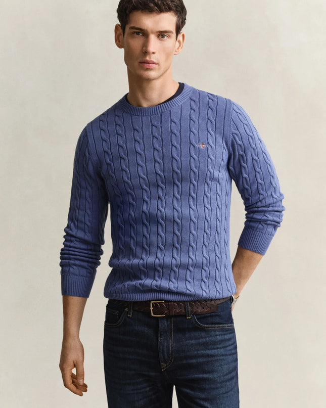 Gant Cotton Cable Crew Neck in Blue Horizon