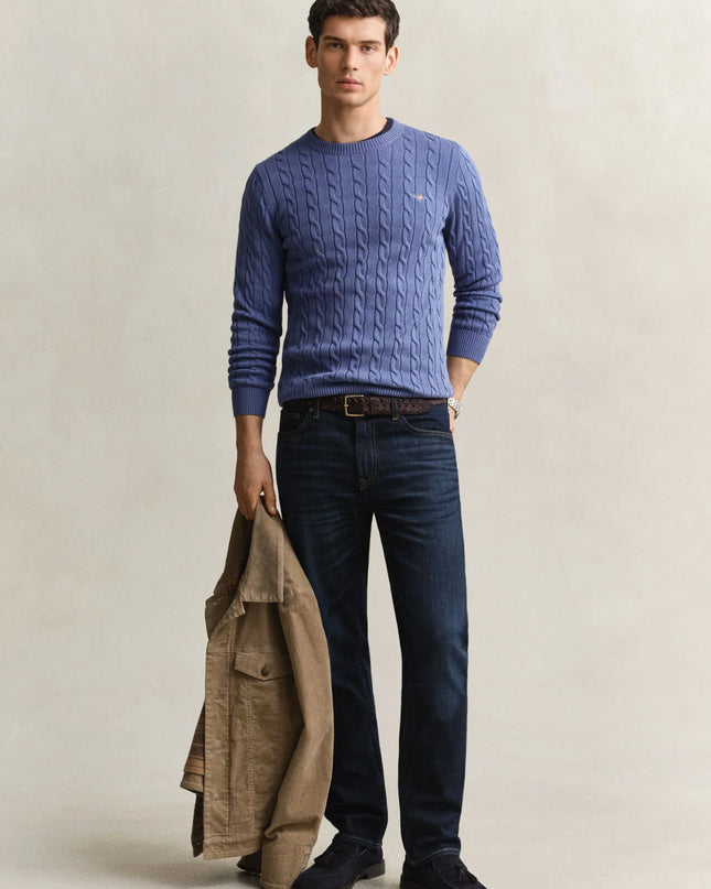 Gant Cotton Cable Crew Neck in Blue Horizon