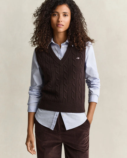 Lambswool Cable Knit Vest - Deep Brown