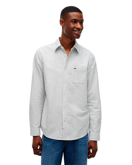 Tommy Jeans Reg Striped Shirt in Velvet Green Stripes