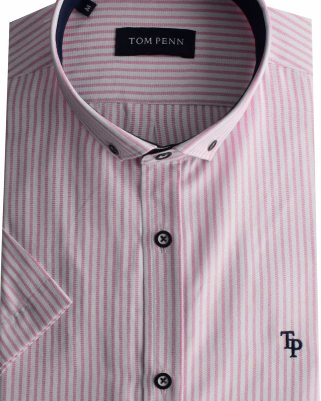 Tom Penn Short Sleeved Oxford Striped Shirt in Pink
