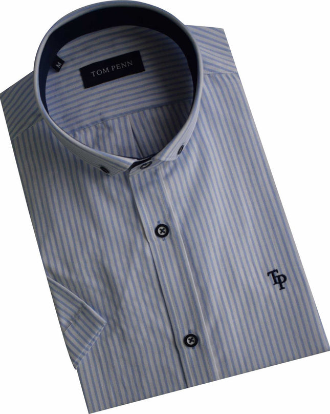 Tom Penn Short Sleeved Oxford Striped Shirt in Sky