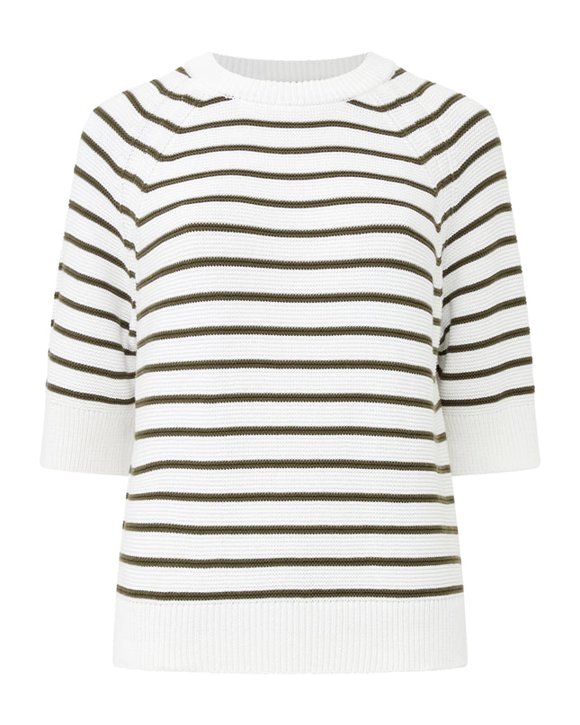 Lily Mozart Stripe Short Sleeve Crew Neck Jumper - White/Olive