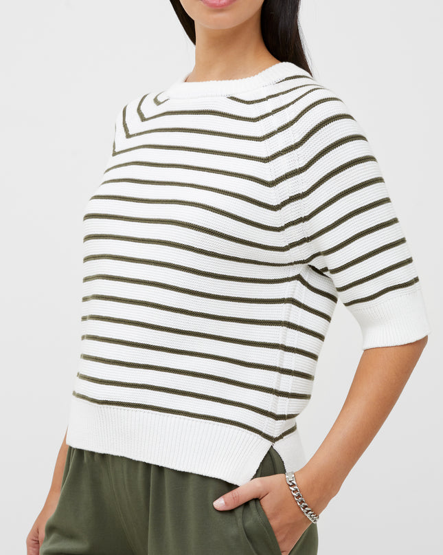 Lily Mozart Stripe Short Sleeve Crew Neck Jumper - White/Olive