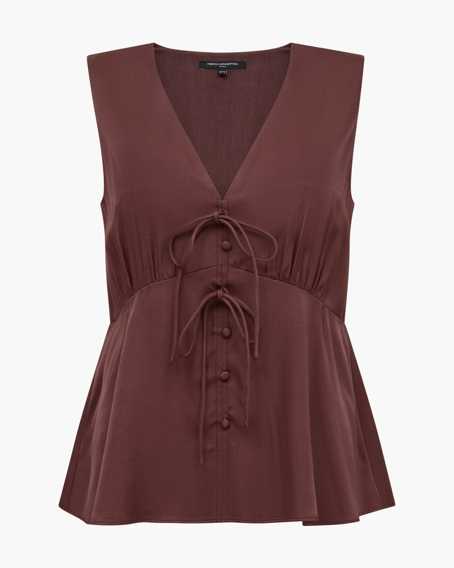 Candice Satin Bow Tie Top - Espresso Brown