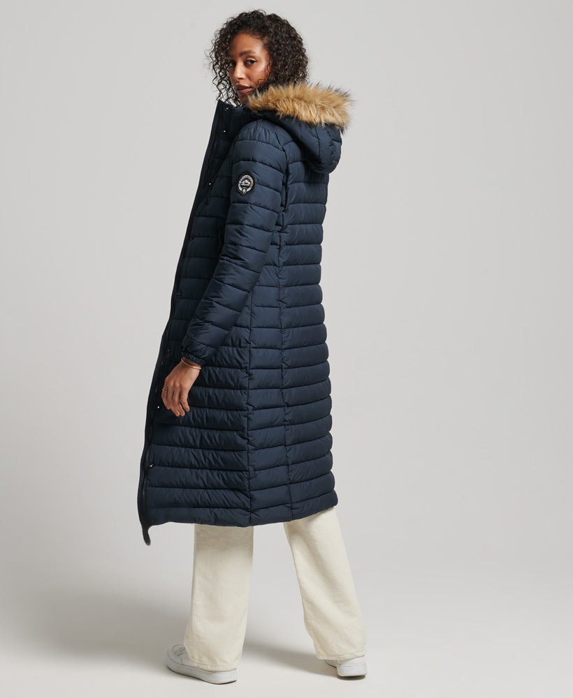 SUPERDRY Faux Fur Hooded Longline Light Padded Puffer Coat - Navy