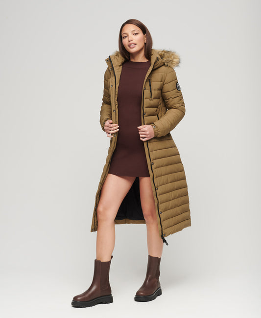 SUPERDRY Faux Fur Hooded Longline Light Padded Puffer Coat - Sandstone