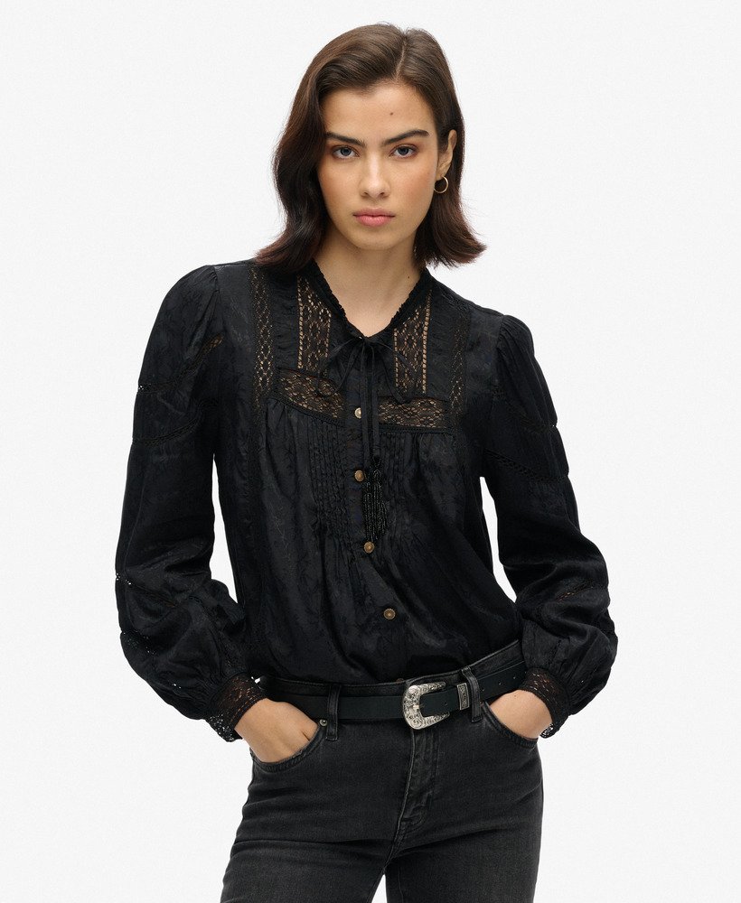 Superdry Woven Lace Long-Sleeved Blouse - Black